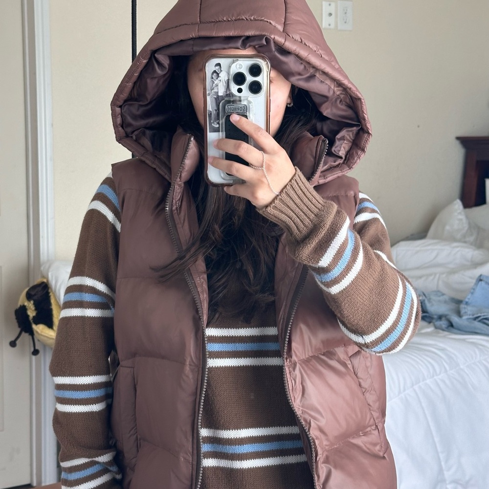 Brown Puffer Vest with Striped Sweater